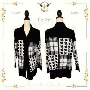 VTG Sweater Bazaar Womens Black/White Plaid Geometric Long Cardigan Size Small